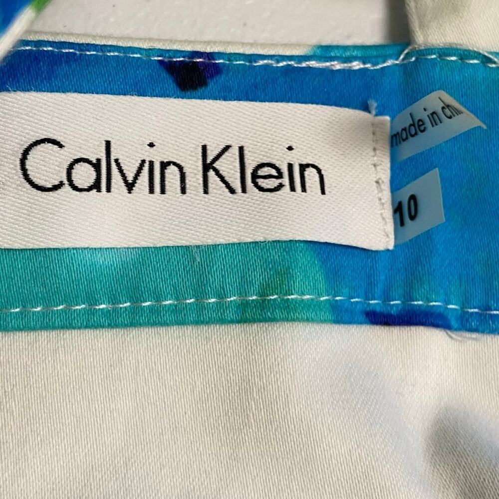 Calvin Klein White Blue Cotton Stretch Fit Flare Sleeveless Dress Size 10 - Picture 5 of 8